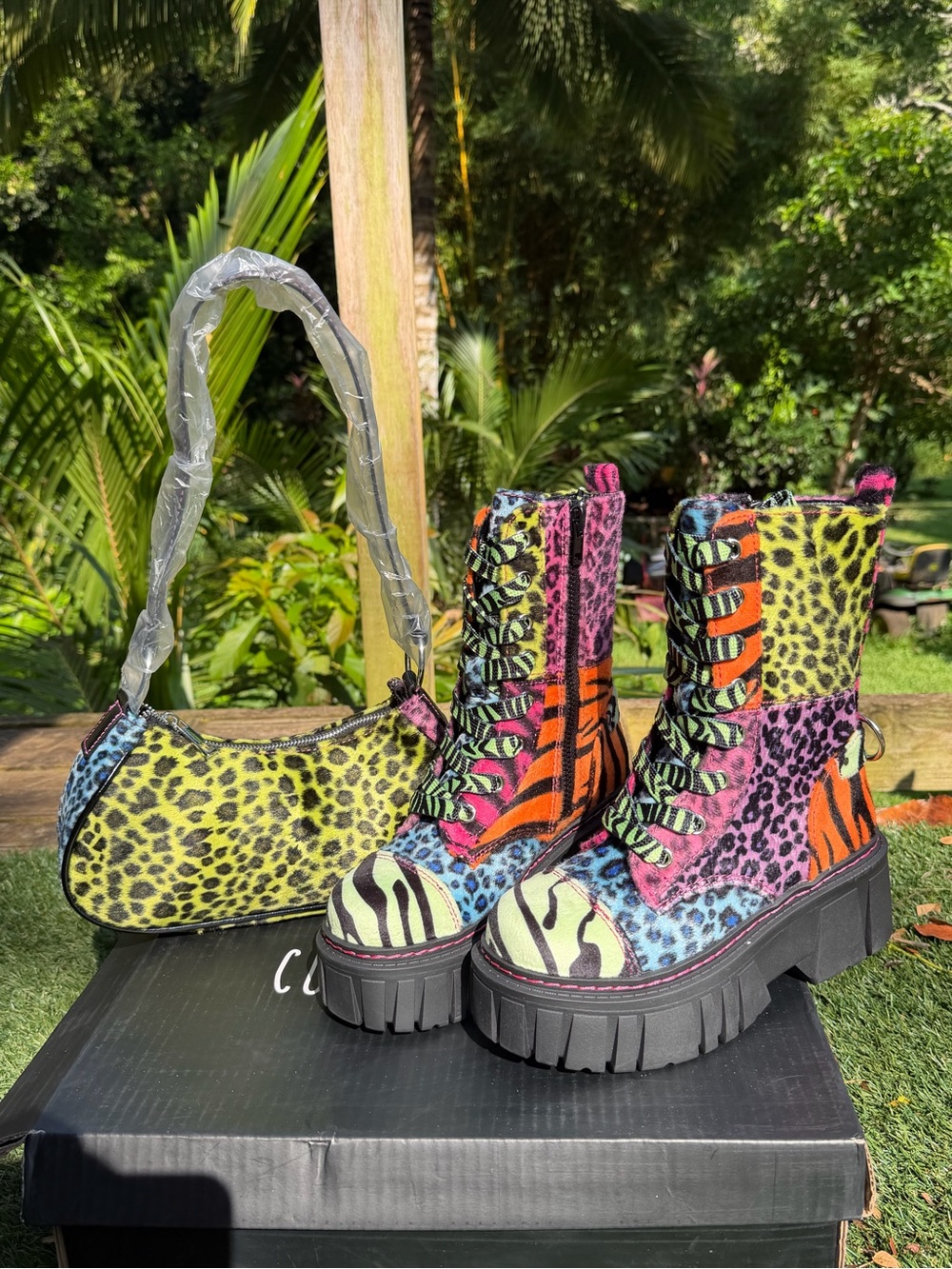 Dolls kill Colorful party Animal bundle of  Combat Boots & Matching Mini Bag